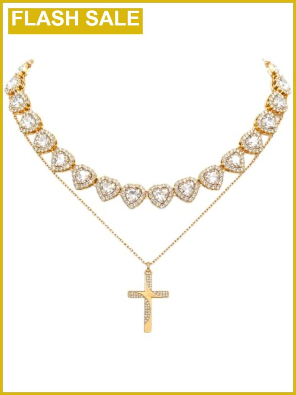 14K Gold Plated Layered Cross & Heart Tennis Necklace Set 17-19.7in